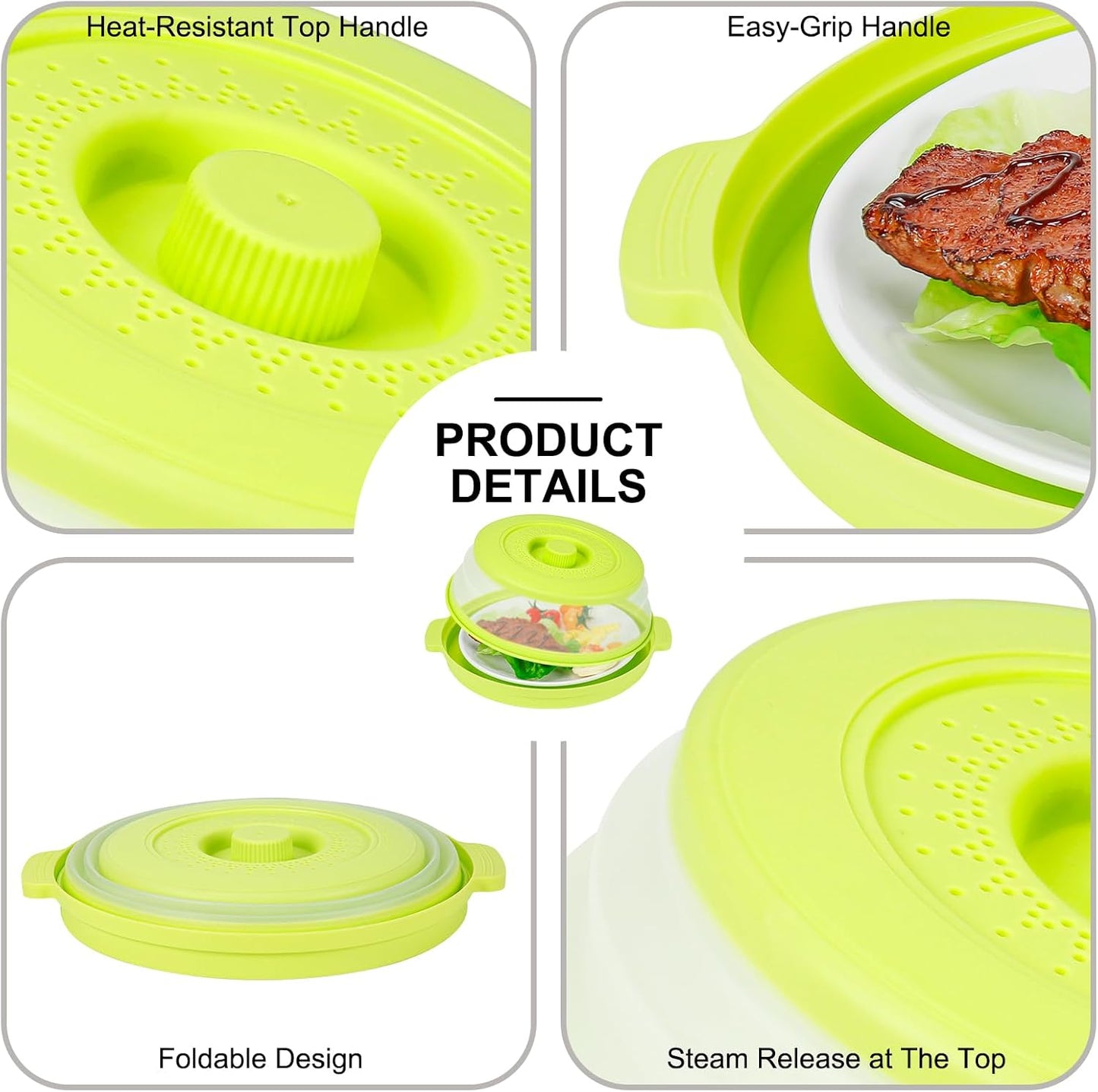 Microwave Splatter Cover for Food with Handle &Heat-Resistant Mat, 10.7" Collapsible Microwave Plate Cover - BPA Free, Dishwasher Safe Food Lid, Multi-Use Colander & Steamer for Meal Prep （Black）