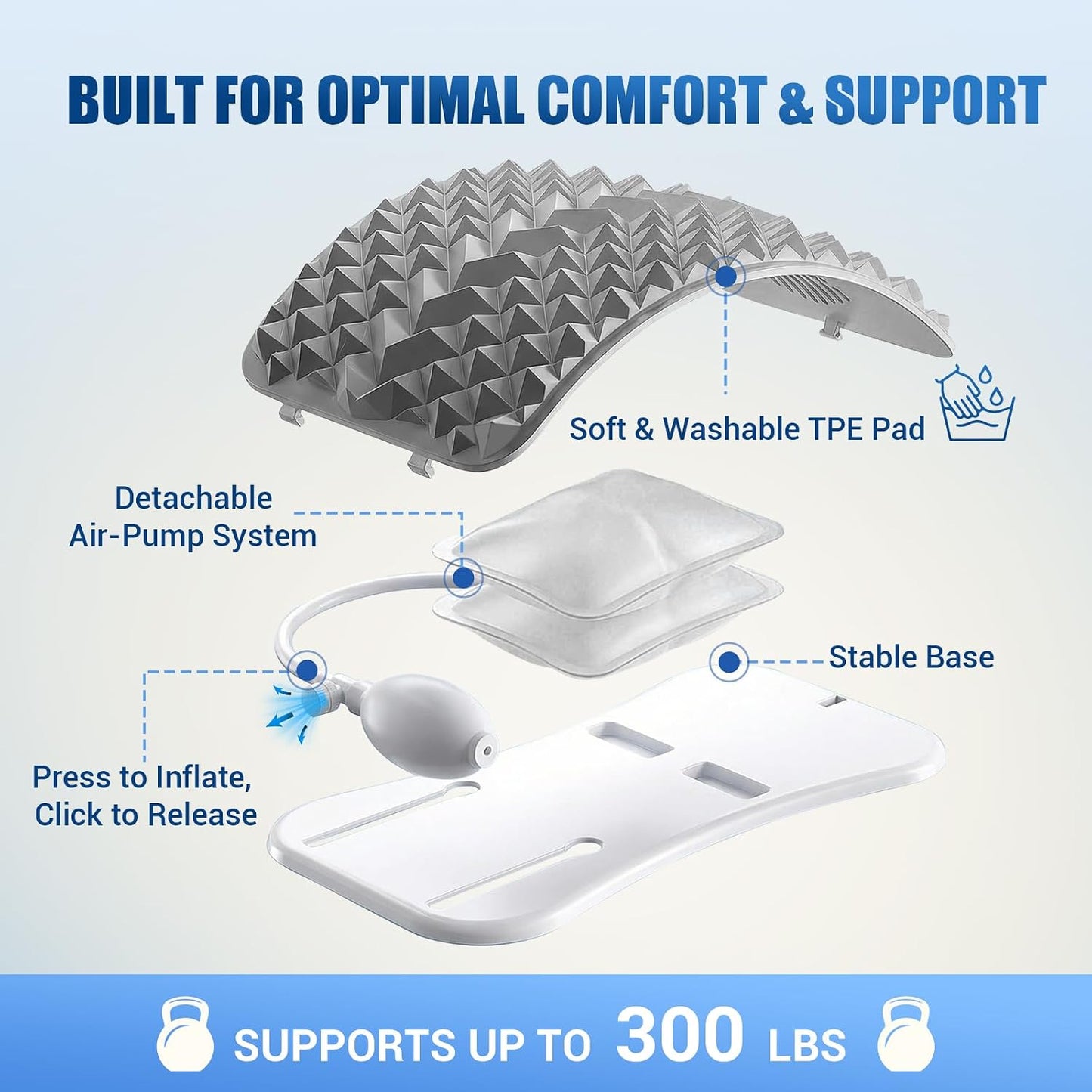 Back Stretcher for Back Pain, Adjustable Height & Soft Sponge Material | Lumbar Back Stretcher With Acupressure Points, Air Pump Adjustable Height, Spine Stretching Support, Scoliosis, Manual Includ