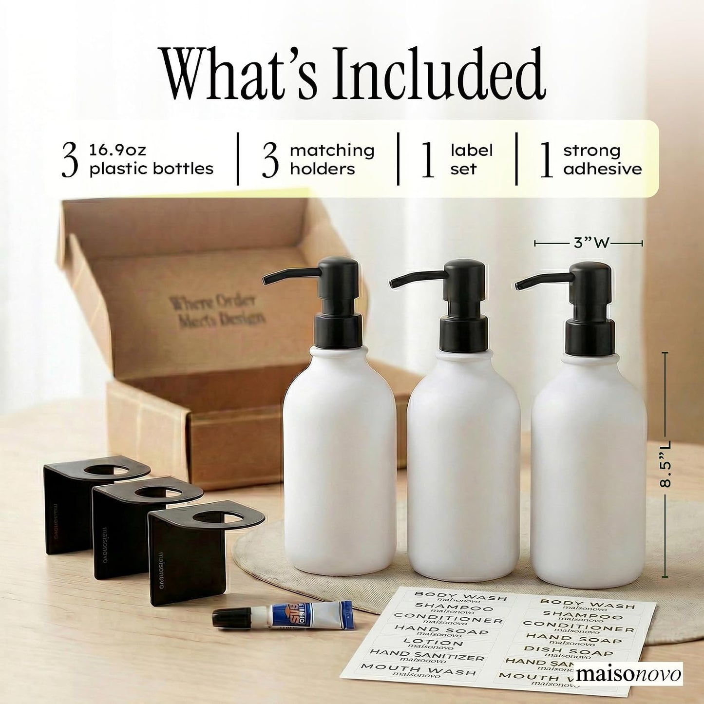 MaisoNovo Shampoo and Conditioner Dispenser|Refillable Black Set of 3 | 500 ml Shower Gel Dispenser Set of 3. Refillable Shampoo and Conditioner Bottles. Drill Free Secure Design. Black