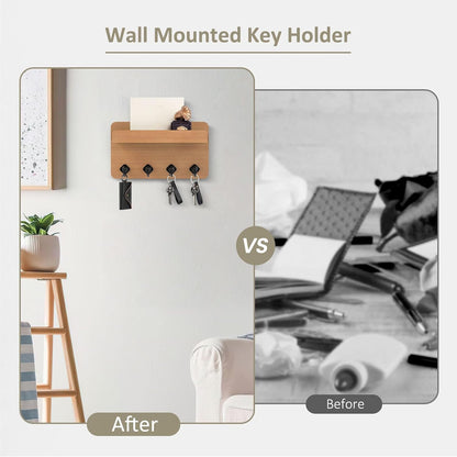 Nekon Key Holder Wall Mount, 8.5 Inch Small Wooden Wall Organizer, Black | Rustic Wall Shelf, Farmhouse Key and Mail Holder for Living Room Entryway Kitchen