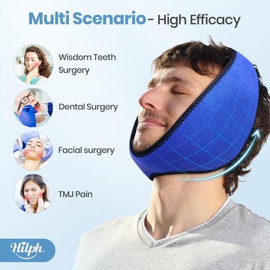 Hilph Wisdom Teeth Ice Pack Head Wrap, Face Ice Pack for Jaw Oral Surgery | Large Jaw Ice Wrap with 4 Hot Cold Gel Packs, Pain Relief for TMJ, Tonsillectomy, Wisdom Teeth Recovery Must Haves, Blue
