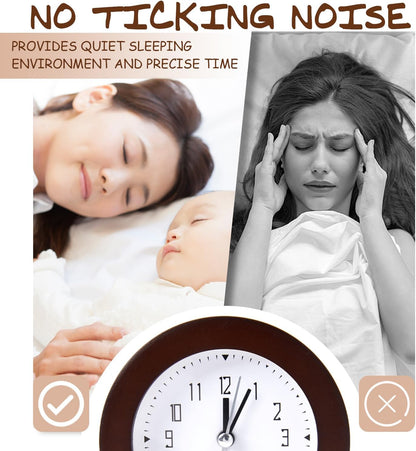 Wooden Analog Alarm Clock Silent Non-Ticking Desk Clock Battery Operated Table Clock with Nightlight for Bedroom,Children's Room, Living Room,Natural(4Inch)