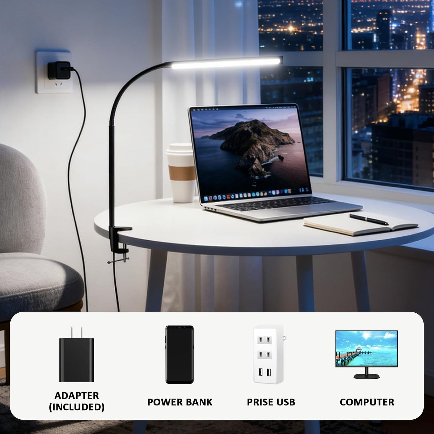 Clip on Desk Lamp with Clamp,Dimmable Eye Caring Book Reading Light for Bed | 54 LED 3 Color 10 Brightness, Push Button,USB Powered with Adapter, Flexible Gooseneck Clamp Lamp for Computer Workbench Nail