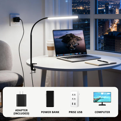 Clip on Desk Lamp with Clamp,Dimmable Eye Caring Book Reading Light for Bed | 54 LED 3 Color 10 Brightness, Push Button,USB Powered with Adapter, Flexible Gooseneck Clamp Lamp for Computer Workbench Nail