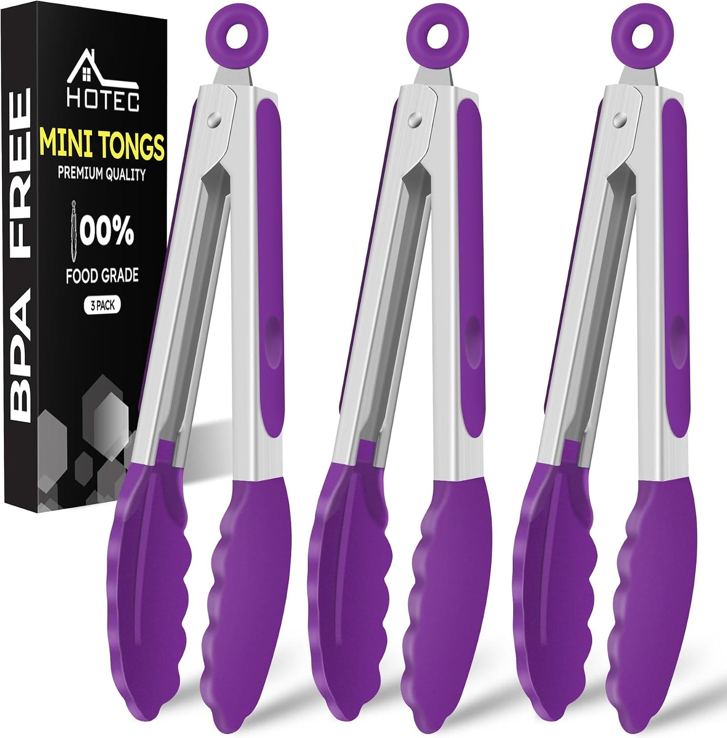 Hotec Mini Silicone Kitchen Tongs for Cooking - 7-Inch Small Serving Tongs with Silicone Tips, Set of 3 (Black,Grey,Light Blue)