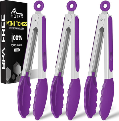 Hotec Mini Silicone Kitchen Tongs for Cooking - 7-Inch Small Serving Tongs with Silicone Tips, Set of 3 (Black,Grey,Light Blue)