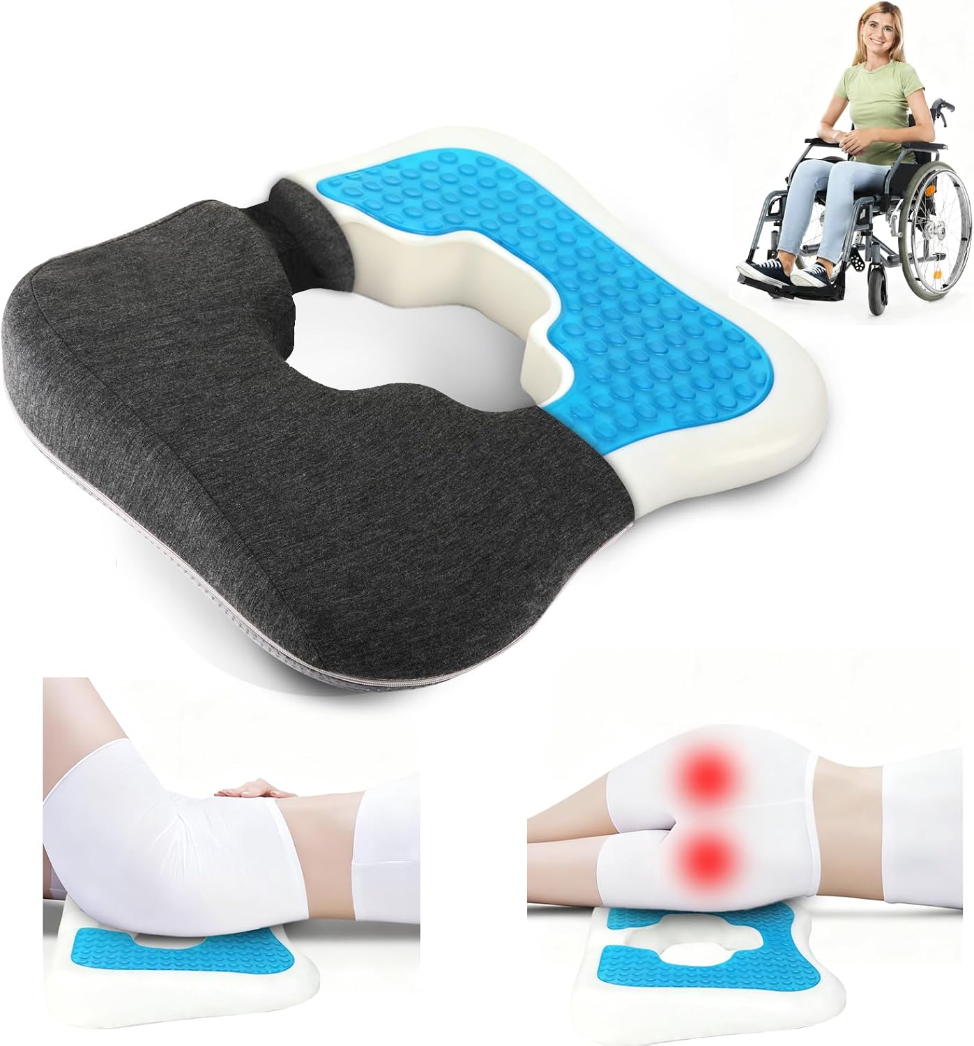 Gel Wheelchair Cushions for BedSores Prevention,Bed Sore Pad Cushion for Butt - Pain Relief for Long Sitting & Relieve Sciatica, Back, Tailbone, Pressure Sore and Ulcer Pain for Pregnant and Elderly