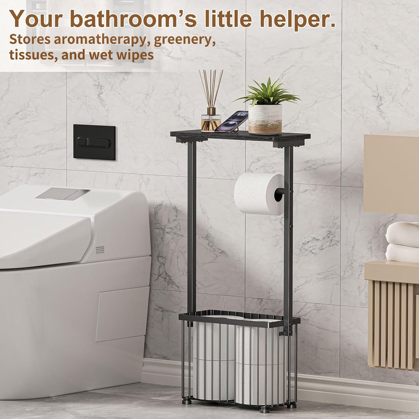 Freestanding Toilet Paper Holder with Storage Shelf | Bathroom Tissue Stand with Space for Phone, Tablet, and Magazines – All-in-One Toilet Roll Dispenser and Organizer
