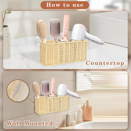 Hair Tool Organizer,Wall Mount Curling Iron Holder,Waterproof Wicker Hot Tools Organizer for Hair Dryer,Flat Irons,Curling Wands,Straighteners Storage,in Cabinet,Bathroom,Vanity (Nature)