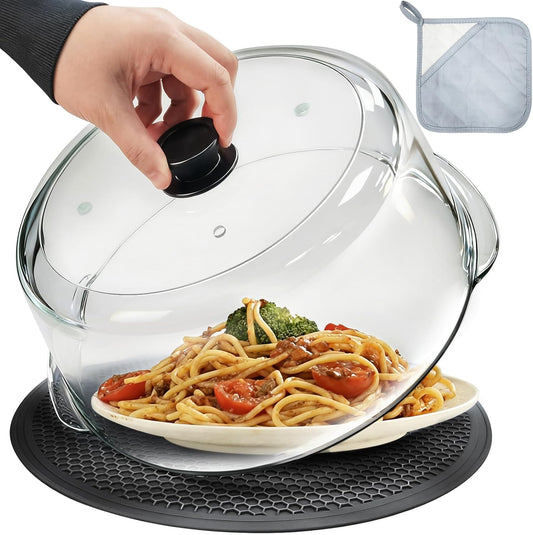 Glass Microwave Splatter Cover with Glove & Mat for Food, 4 Vents Guard Lid | No Plastic, Food Grade, BPA Free, Easy Grip Silicone Knob, 3.9in Tall for Bowl Covers, Serving Dish Cover, Dishwasher Safe