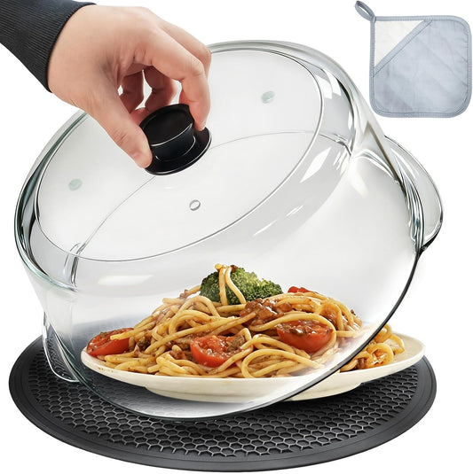 Glass Microwave Splatter Cover with Glove & Mat for Food, 4 Vents Guard Lid