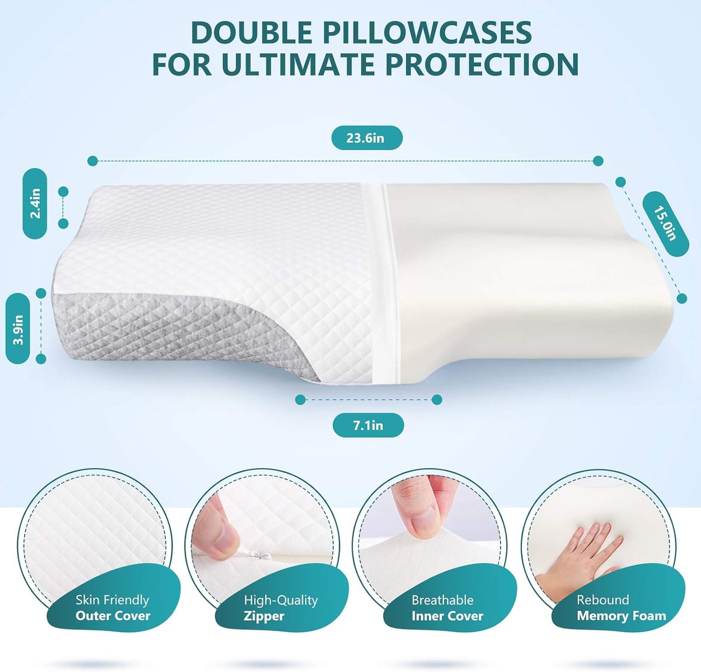 Memory Foam Pillow for Neck Pain Relief, Adjustable Orthopedic Ergonomic Cervical Pillow for Sleeping with Washable Cover, Bed Pillows for Side, Back, Stomach Sleepers