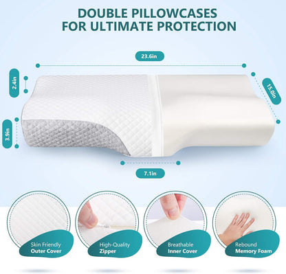 Memory Foam Pillow for Neck Pain Relief, Adjustable Orthopedic Ergonomic Cervical Pillow for Sleeping with Washable Cover, Bed Pillows for Side, Back, Stomach Sleepers
