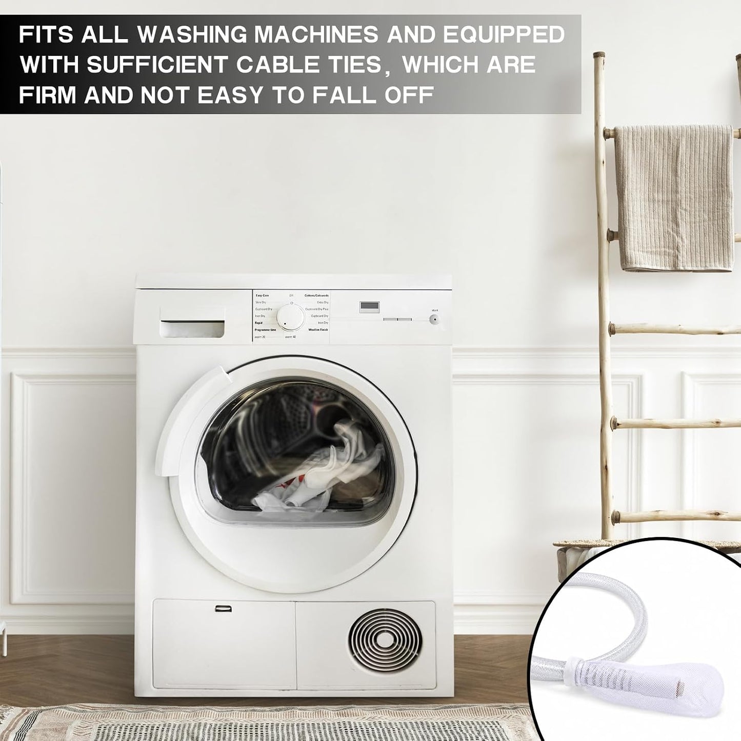 9 PCS Washer Lint Catcher, Include 3 Washing Machine Lint Catcher and 6 Cable Ties Elastic Washer Drain Lints Catchers for Washing Machine Hose Linting Filtration, White