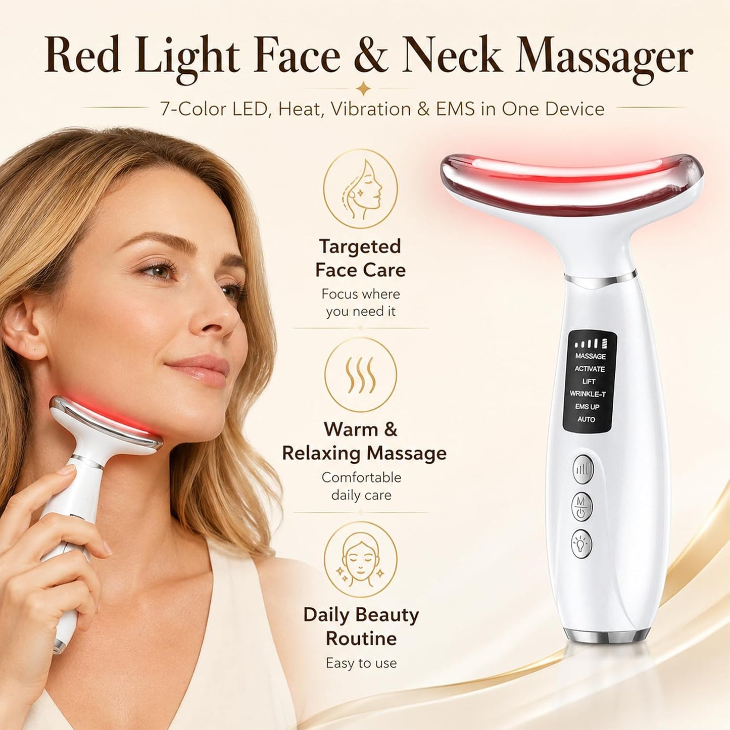Red Light Therapy for Face and Neck, 7-Color LED Face Massager | Rechargeable Facial massager and Face Sculpting Tool with Heat, Vibration, Anti-aging, Wrinkle Reduction, Gift for women