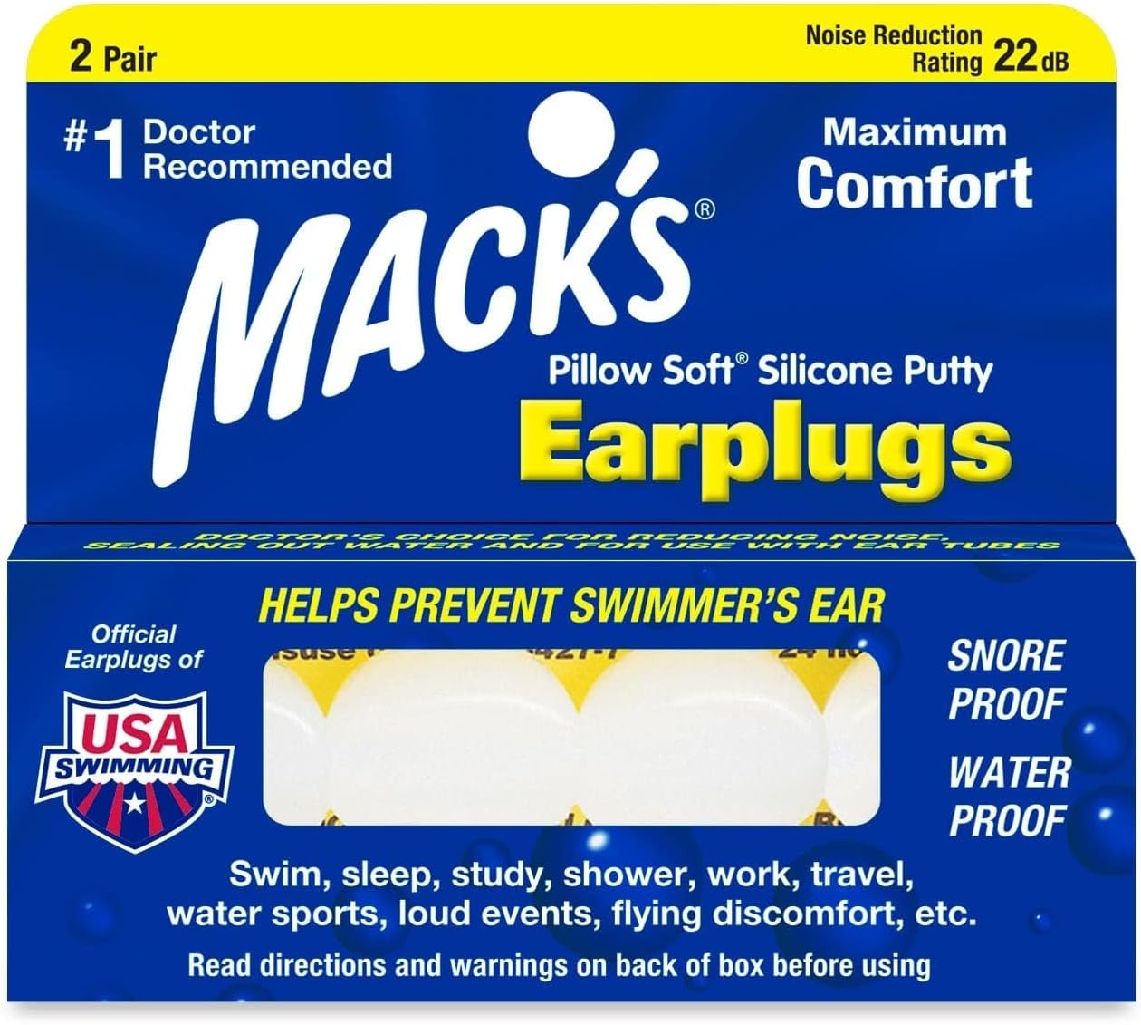 Mack’s Pillow Soft Silicone Earplugs – 2 Pair – The Original Moldable Silicone Putty Ear Plugs for Sleeping, Snoring, Swimming, Travel, Concerts and Studying