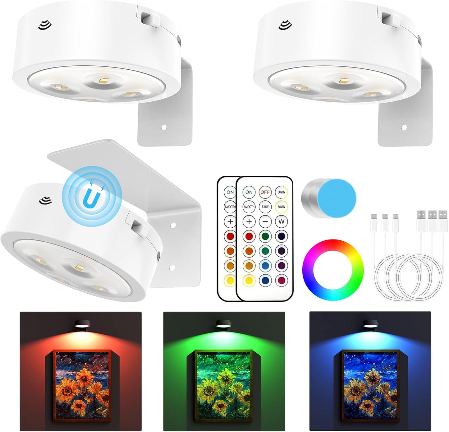 3 Pack Picture Lights for Wall, Rechargeable Battery Operated wall lights, Picture Frame lights with 3 Lighting Modes, Wireless Magnetic Painting Light with Remote Control Timer (White, 3 Pack)