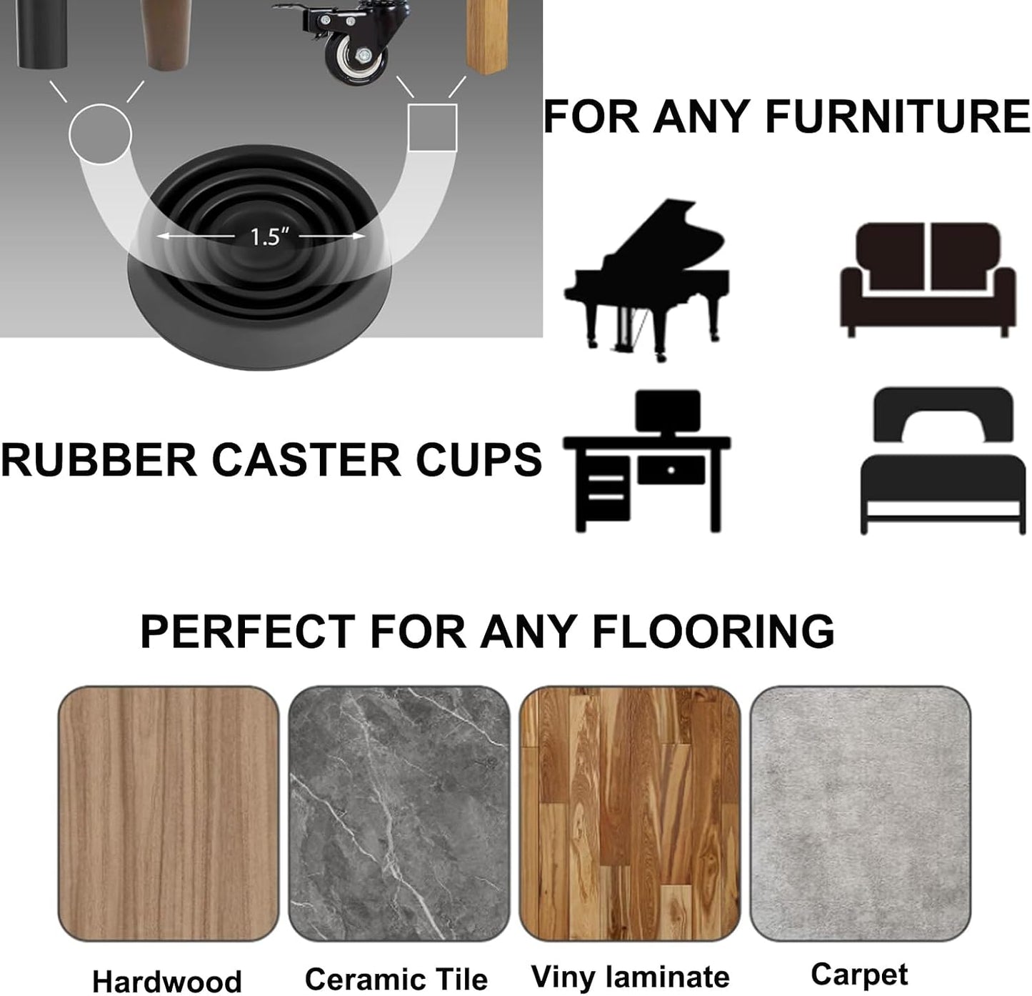 Semetall 1.5 Inch Rubber Caster Cups 8 Pack Black | Non Slip Furniture Coasters Floor Protectors for Bed Couch Table Chair