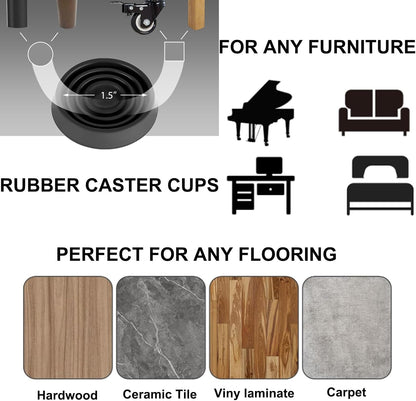 Semetall 1.5 Inch Rubber Caster Cups 8 Pack Black | Non Slip Furniture Coasters Floor Protectors for Bed Couch Table Chair