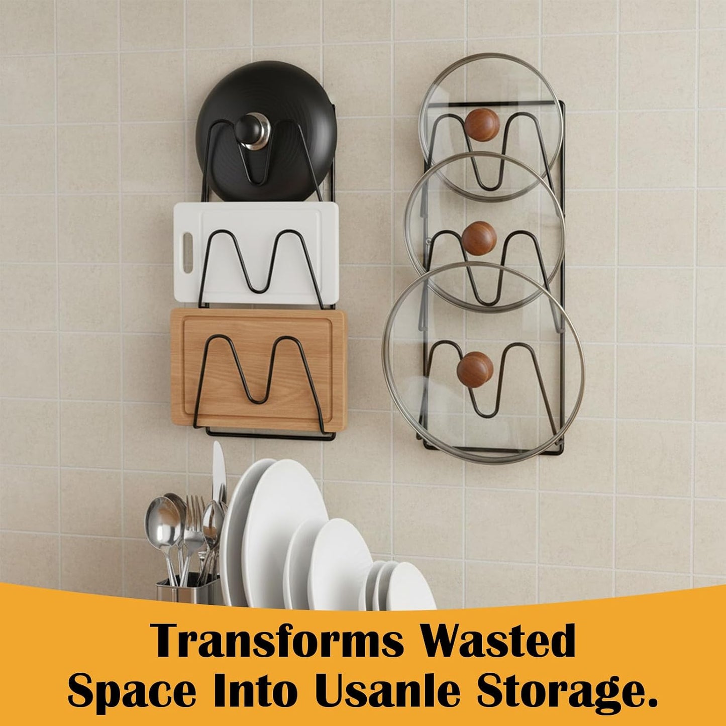 4 Pcs Pot Lid Organizer Rack, 12-Tier Adhesive Mount No Drilling Lid Holder for Cabinet Door and Wall, Rustproof Black Kitchen Storage Solution for Pots and Pans