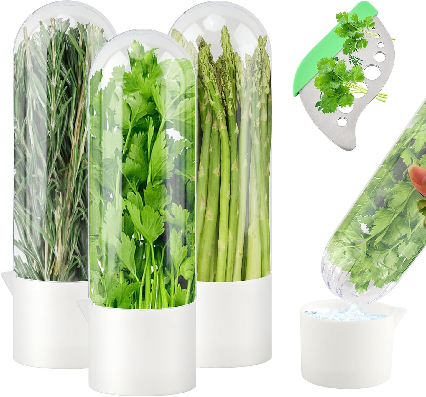 3Pcs Refrigerator Herb Keeper Containers,Herb Saver Jars with Herb Stripper | Clear Plastic 10×3in Jar,Keeps Herbs Fresh 2–3 Weeks,Dishwasher Safe,Fits Cilantro Asparagus,Stainless Steel Herb Stripper
