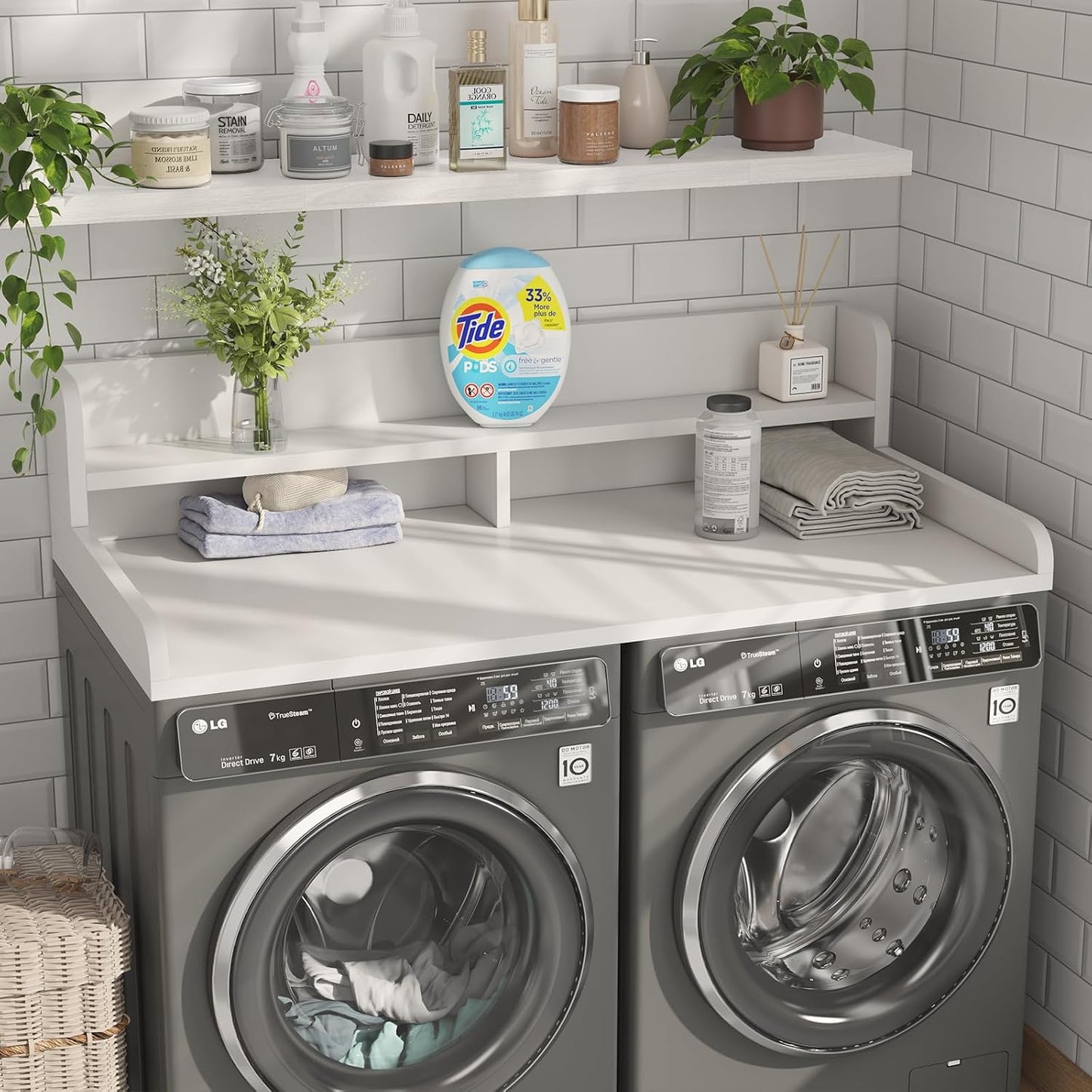 2-Tier Washer Dryer Countertop with 2.75" H Edge Rails, 54" W x 27.55" D Laundry Countertop for Folding Clothes, Washer and Dryer Topper with Non-Slip Pad (Dark Walnut)
