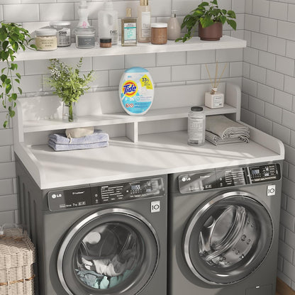 2-Tier Washer Dryer Countertop with 2.75" H Edge Rails, 54" W x 27.55" D Laundry Countertop for Folding Clothes, Washer and Dryer Topper with Non-Slip Pad (Dark Walnut)