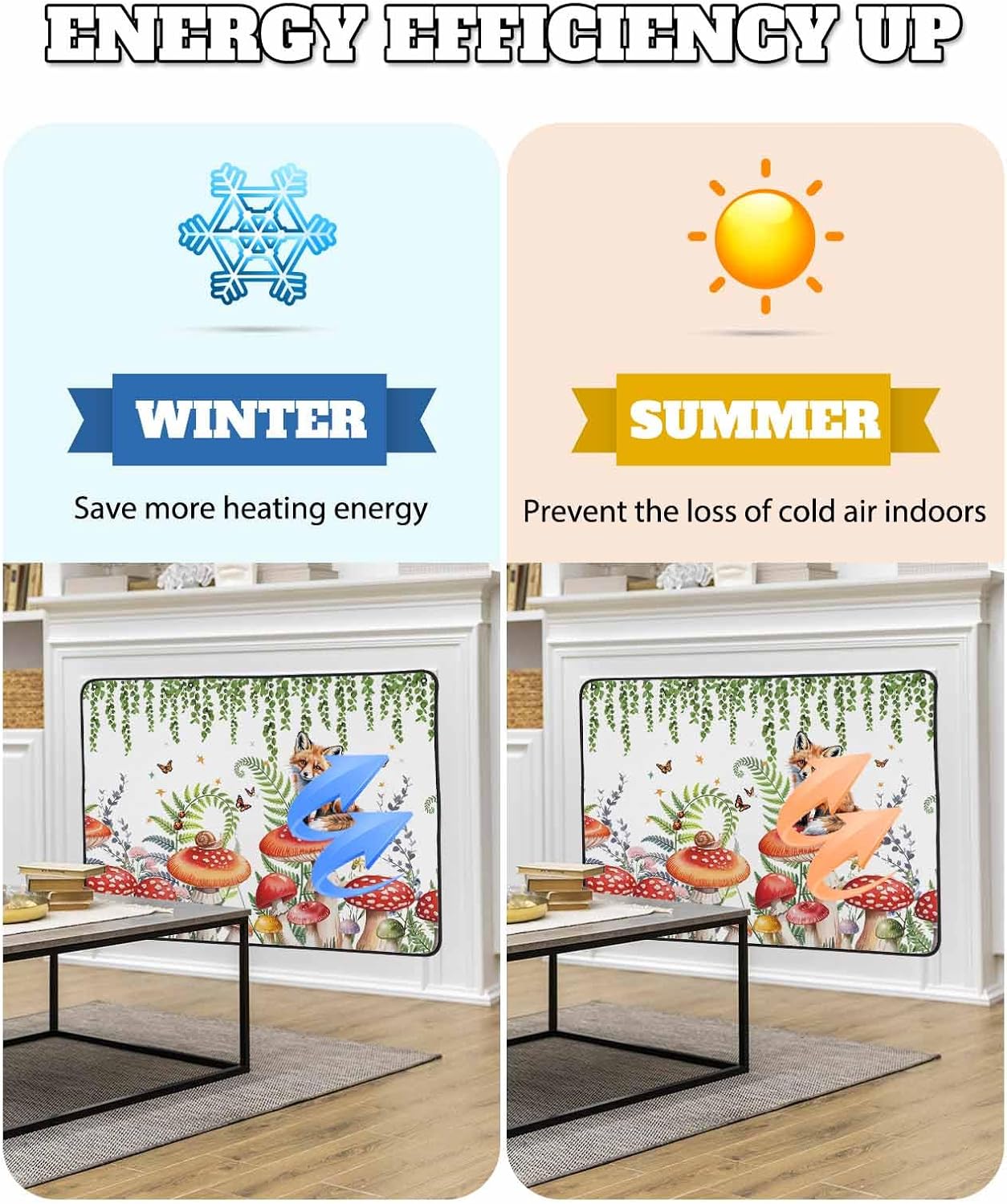 Magnetic Fireplace Cover Red Mushroom Fox Fireplace Screen Decorative Eucalyptus Leaves Butterfly Black Insulation Fireplaces Blocker Save Energy Fireplaces Draft Stopper Covers for Living Room 36x30