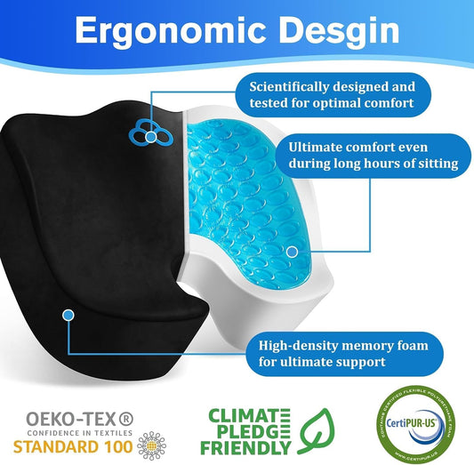 CushyOasis Seat Cushion, Gel Memory Foam Office Chair Cushions, (Black) | Chair Cushion, Anti-Slip Bottom & Removable Cover Tailbone Pain Relief Cushion, Memory Foam Seat Cushion for Office