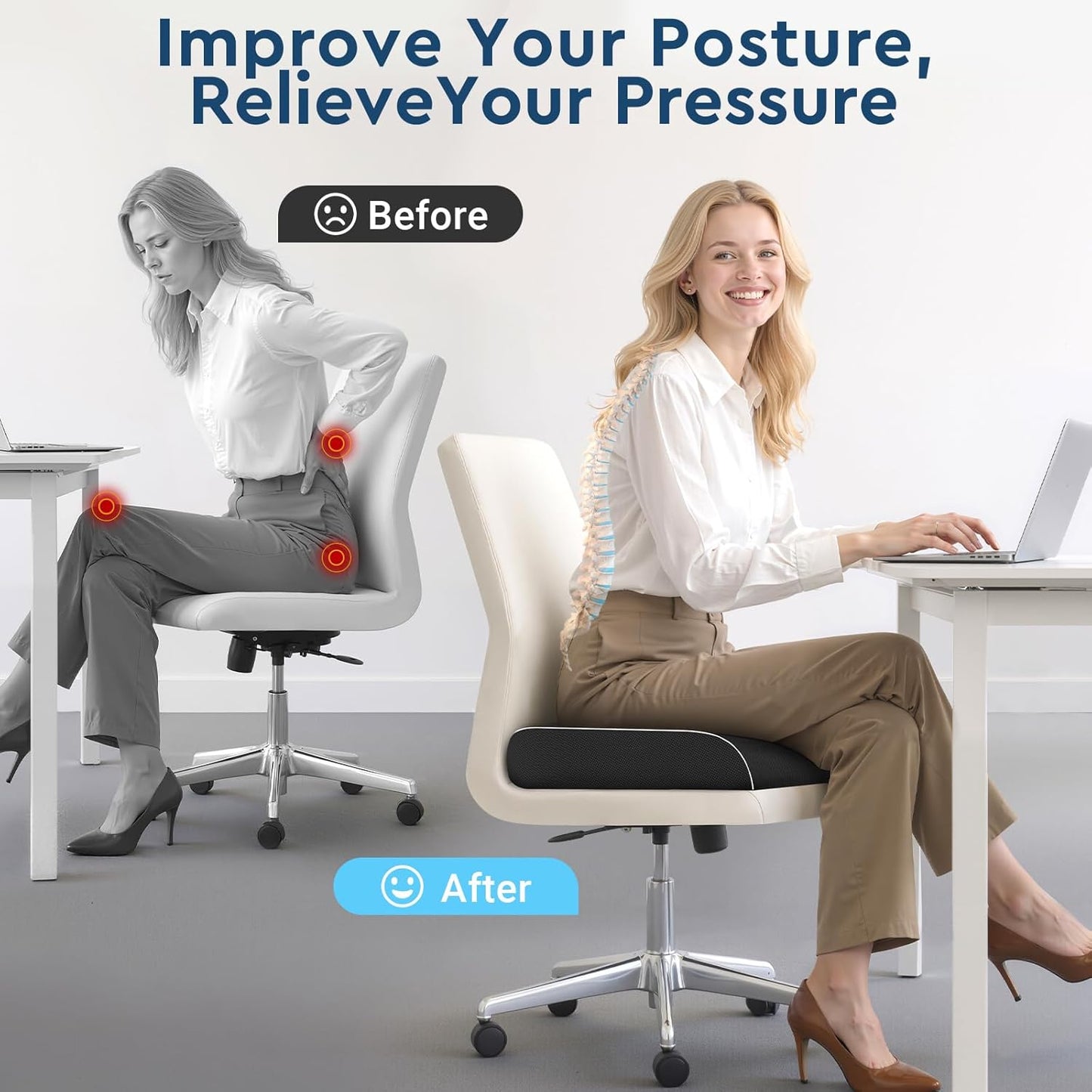 Seat Cushion, Memory Foam Office Chair Cushion, Black, Large | Office Desk Accessories, Butt Pillow for Long Sitting Sciatica, Coccyx, Tailbone, Hip Pain Relief - for Home, Car, Airplane