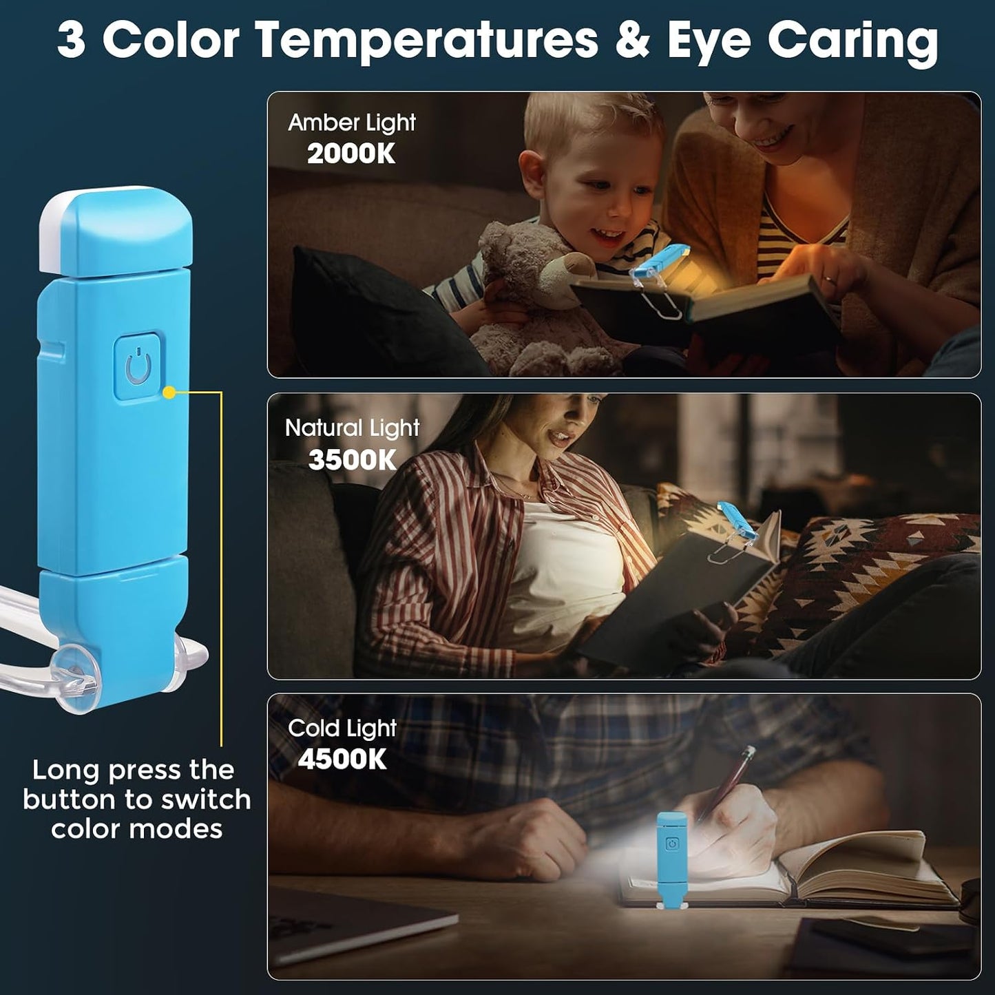 VZZNN 12 Pack Reading Light,Rechargeable Book Light for Reading in Bed,Clip-On Book Lights with 3 Color Temperature,Bulk Gifts for Book Lovers Kids Adults（Blue）