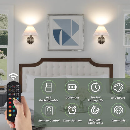 Rechargeable Battery Operated Wall Sconce Sets of 2, 15 Colors Wireless gooseneck Black Wall Lights Fixture with Dimmable Bulbs and Remote, Not Hardwired Wall Mounted Lamps for Bedroom Living Room