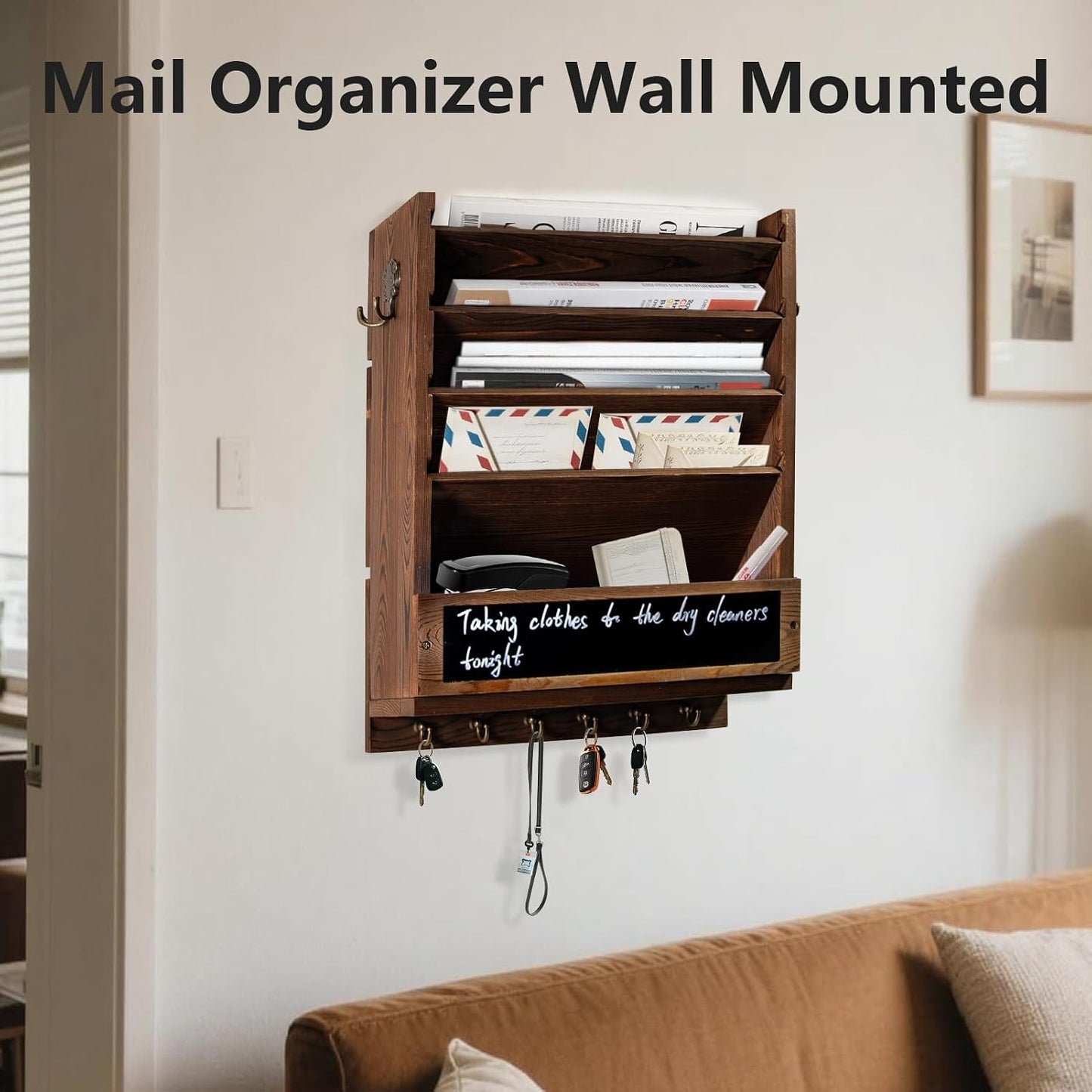 Rustic wall mail organizer,Key and Mail File Holder for Wall Mount | 6 Key Hooks 2 Double Key Hooks A blackboard,for Home,Office, Classroom,Entryway Decor (brown)
