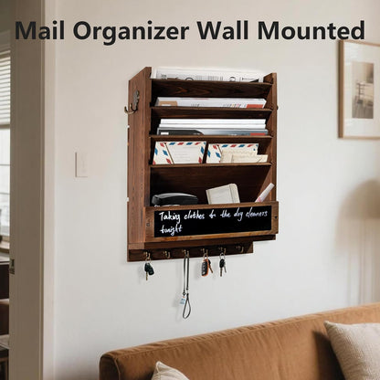 Rustic wall mail organizer,Key and Mail File Holder for Wall Mount | 6 Key Hooks 2 Double Key Hooks A blackboard,for Home,Office, Classroom,Entryway Decor (brown)