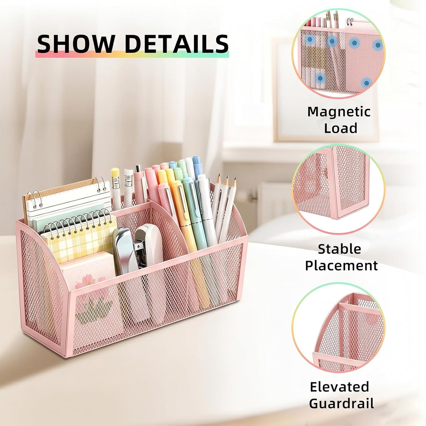 Magnetic Pencil Holder, Magnetic Organizer for Locker Accessories, Black | Mesh Marker Holder with Strong Magnets and 3 Compartments for Whiteboards Refrigerators and Magnetic Lockers