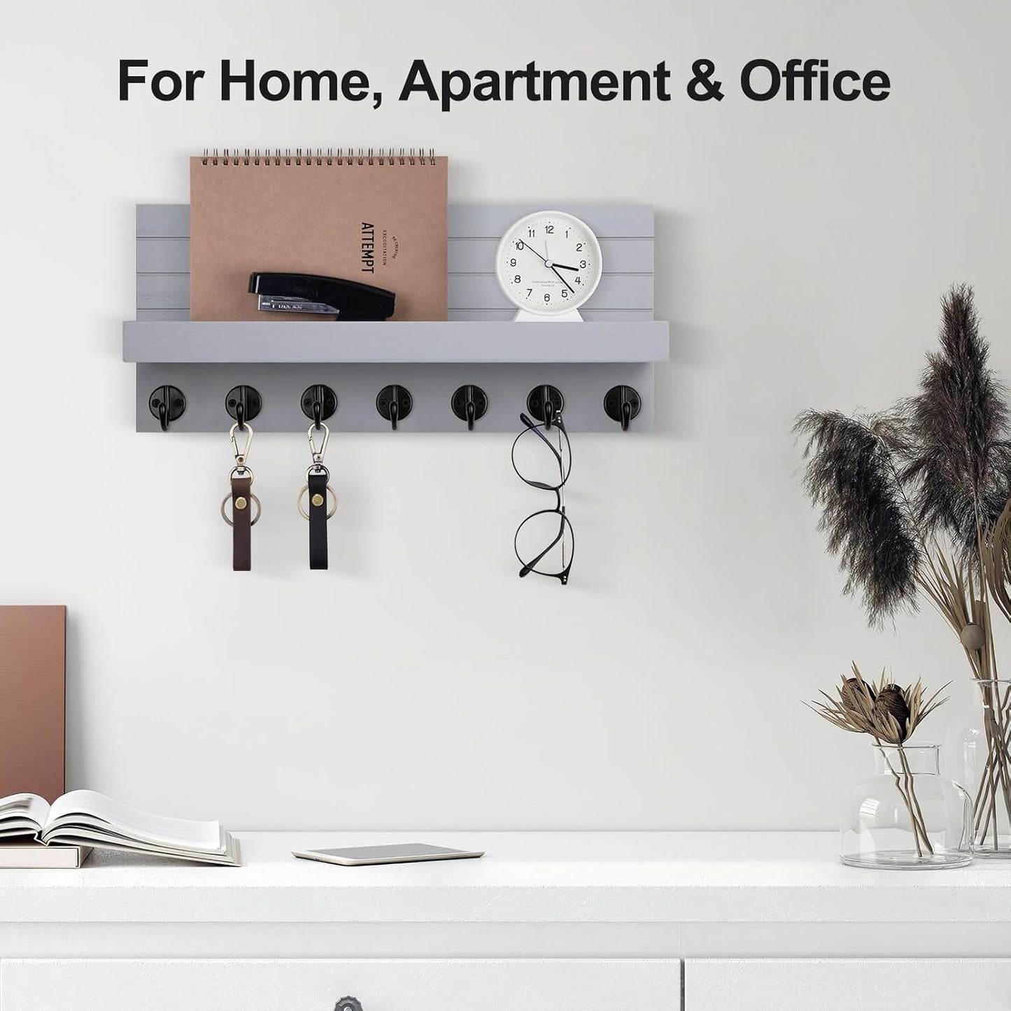 Lwenki Key Holder Wall Mount, Entryway Key and Mail Holder with 7 Sturdy Hooks for Sunglasses, Dog Leash, Decorative Wall Shelf with Mounting Hardware, 15”W x 6.7”H x 4.2”D