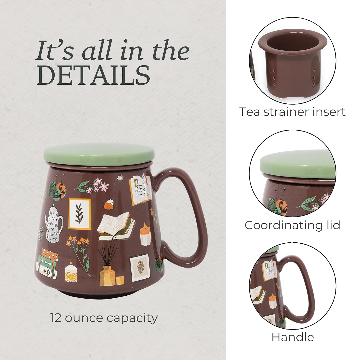 Steel Mill & Co. Tea Infuser Mug with Lid, Book Nook Brown | Ceramic 12 oz Book-Themed Tea Cup with Removable Strainer for Loose Leaf or Tea Bags