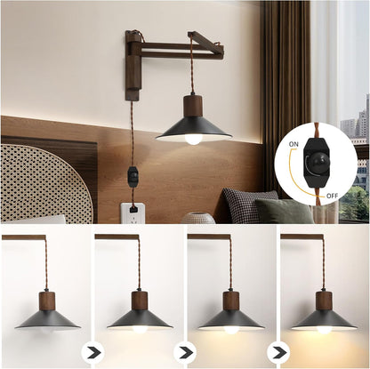 maesta Plug in Wall Lamp, Wood Swing Arm Wall Sconce for Bedroom