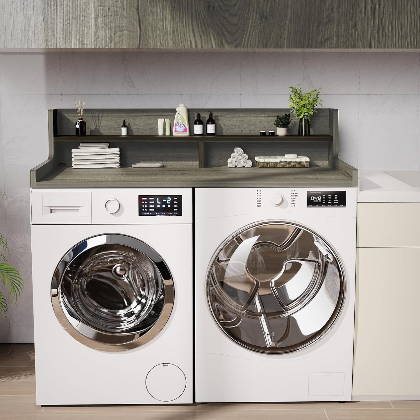 Washer Dryer Countertop, 54" x 27.55" 2-Tier Washer Dryer Topper with Edge, for Laundry Room Organization Oak