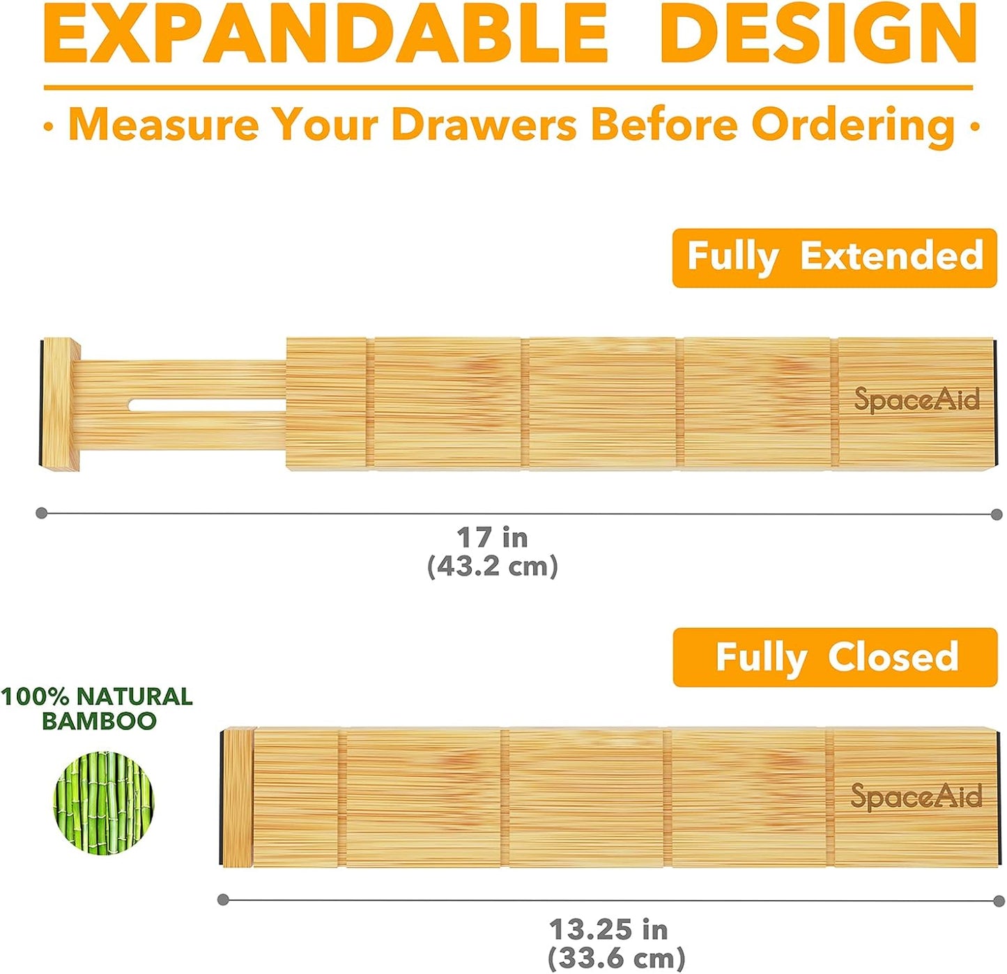 SpaceAid Bamboo Drawer Dividers with Inserts and Labels, Kitchen Adjustable Drawer Organizers, Expandable Organization for Home, Office, Dressers and Bathroom, 6 Dividers with 12 Inserts (17-22 in)
