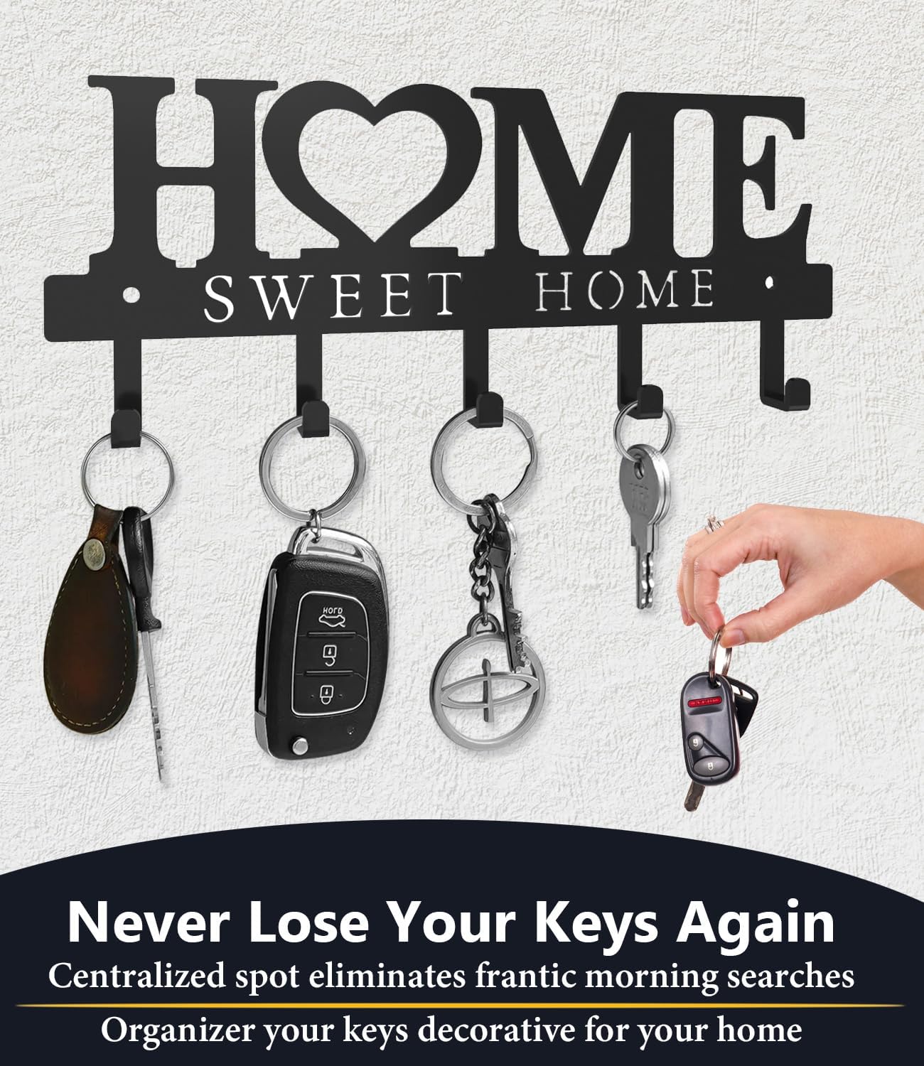 Key Holder Hooks Organizer Shelf Hanger Rack Wall Mounted Sweet Home Metal Decor Stylish and Practical for Entryway Front Door Kitchen Hallway Garage Mudroom Office Hardware Included Black