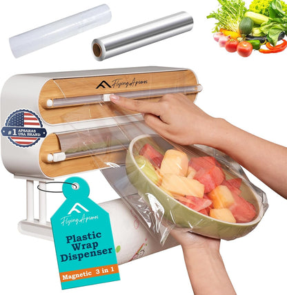 APSARAS USA 5 in 1 Bamboo Foil and Plastic Wrap Organizer for Kitchen Drawer, Ziplock Bag Organizer, Saran Wrap Dispenser with Cutter, Plastic Bag Organizer, Food Storage Bag Organization
