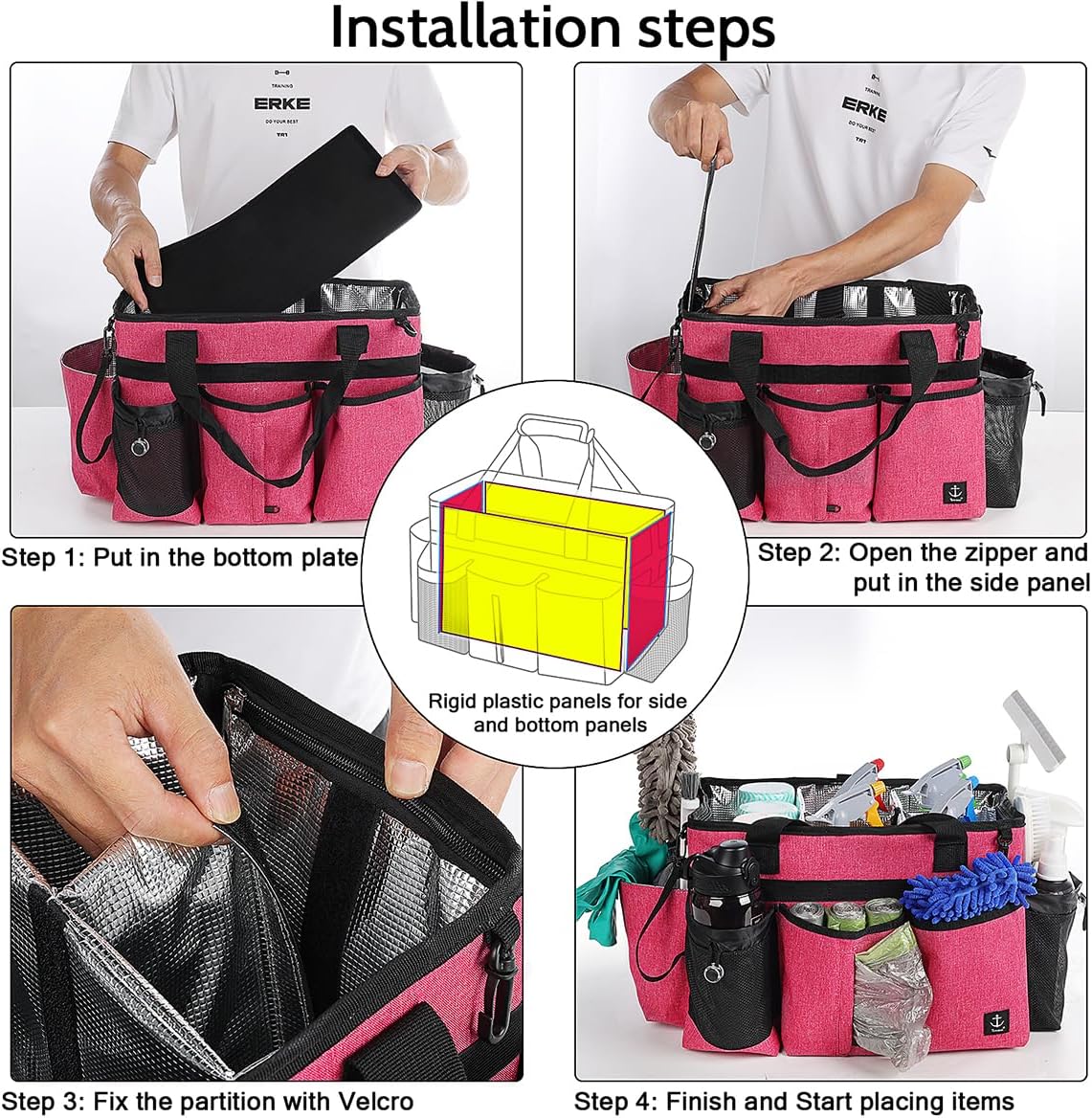 Large Cleaning Caddy Bag Built-in hard plastic sheet Aluminum foil lining | Waterproof nylon, aluminum foil lining, detachable dividers, dual straps for housekeepers