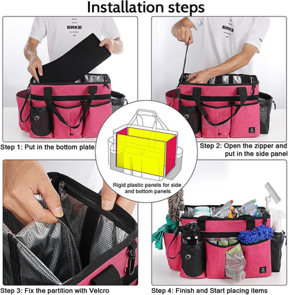 Large Cleaning Caddy Bag Built-in hard plastic sheet Aluminum foil lining | Waterproof nylon, aluminum foil lining, detachable dividers, dual straps for housekeepers