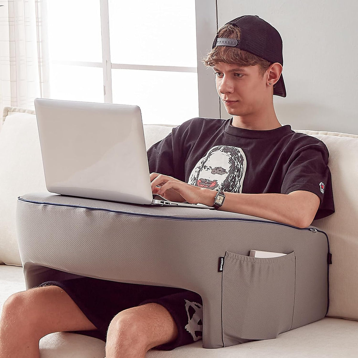 cooloo8 Reading Pillow with Armrests – Extra Large Memory Foam Gaming Pillow for Adult, Lap Desk for Laptop, Arm Rest for Working, Crocheting, Playing Game or Siting in Bed, Floor, Sofa, (Grey)