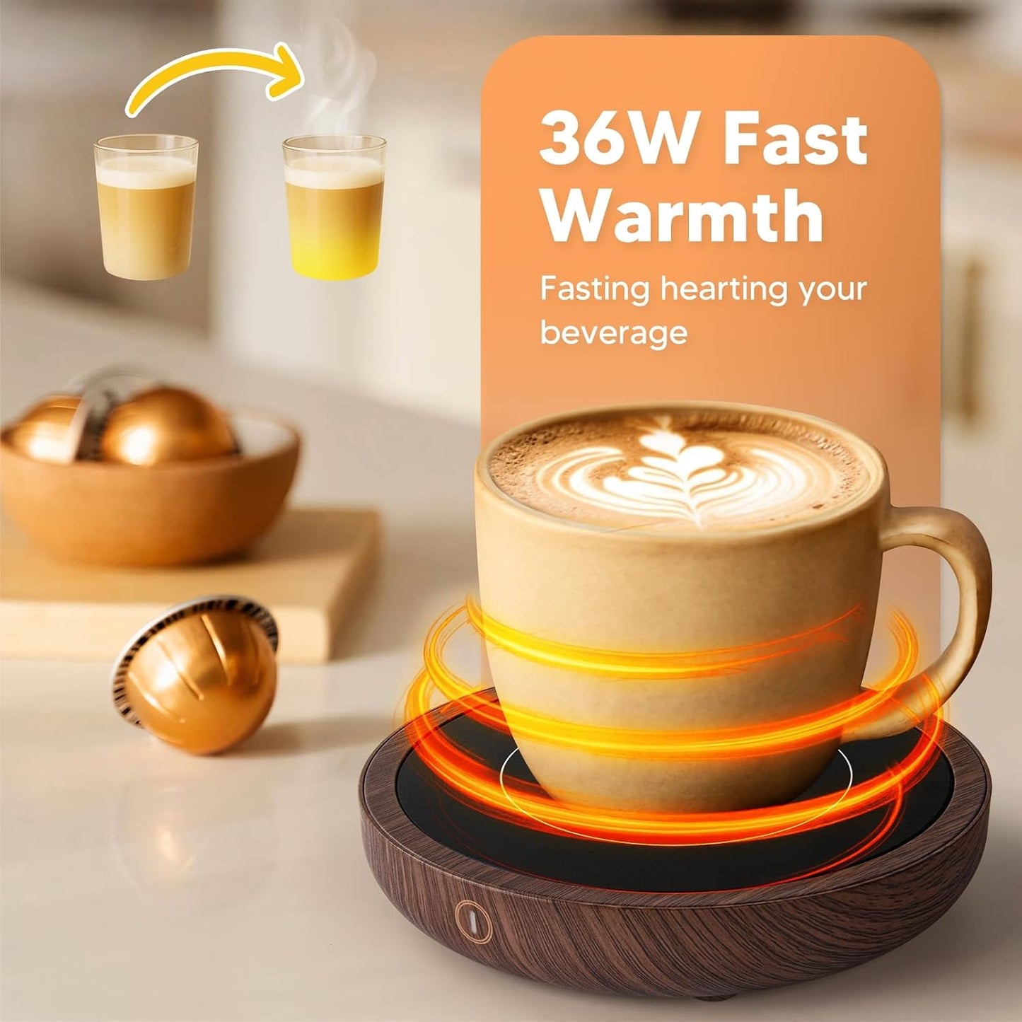 Coffee Mug Warmer for Desk, 36W Fast Heating, Keep Every Sip Warm | 3 Temperature Settings, 4-Hour Auto Shut Off, Elegant Wood Design for Coffee, Tea & Milk, Perfect Office Coffee Companion