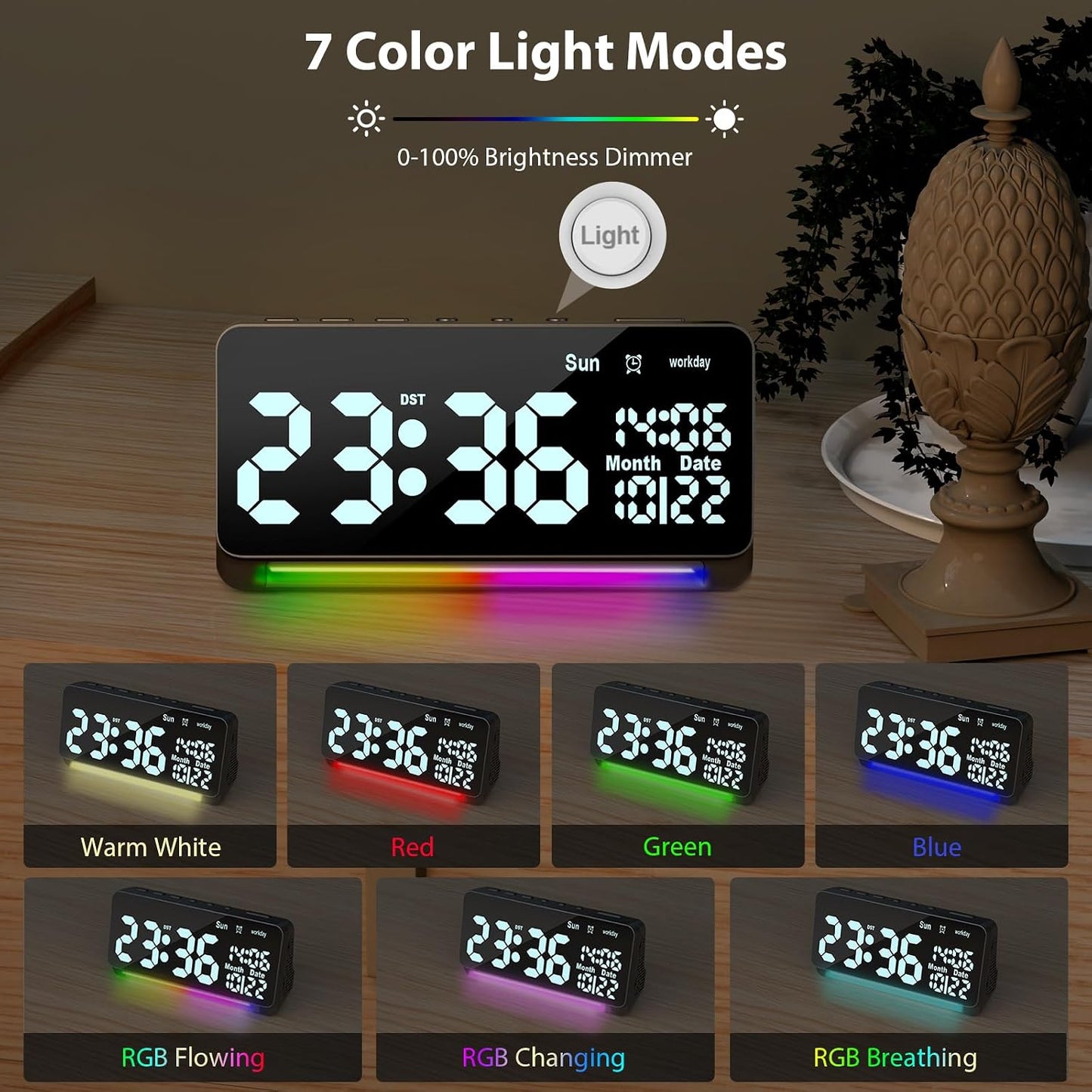 Samshow 120db Super Loud Alarm Clock for Heavy Sleepers Adults | 15 Wake Up Sounds, 7 Color Night Light, Dynamic RGB Color, Adjustable Brightness, Snooze, DST, Large LED Display