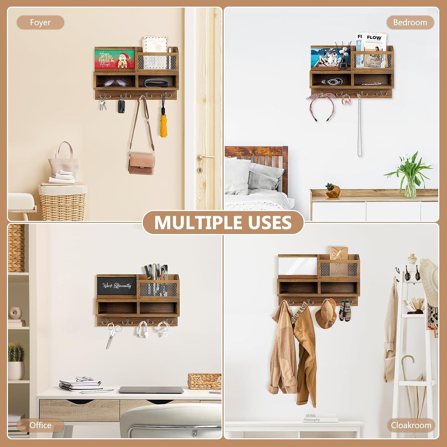 Key Holder Wall Mount, Wooden Mail and Key Organizer, Brown | Rustic Farmhouse Style, 4 Double Hooks, Includes 2 Storage Box, Small Shelf, Mail Slot, for Entryway, Doorway, Hallway, RV