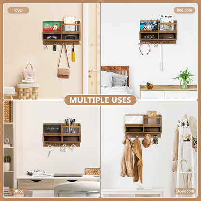 Key Holder Wall Mount, Wooden Mail and Key Organizer, Brown | Rustic Farmhouse Style, 4 Double Hooks, Includes 2 Storage Box, Small Shelf, Mail Slot, for Entryway, Doorway, Hallway, RV