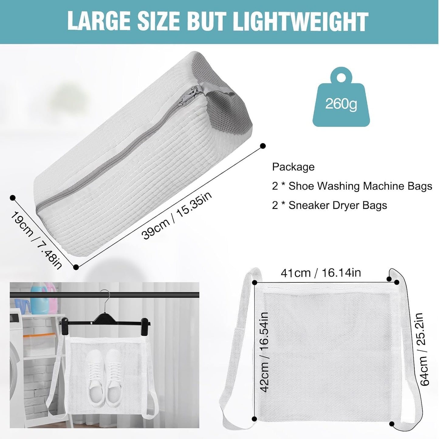 Shoe Washing Machine Bag, Shoe Laundry Bag for Washer and Dryer | 2 Pack Shoe Cleaning Bag for Sneakers & Tennis Shoes, XXL Size, Shoe Protection, Dry Bags, Zipper Hook, Travel & Dorm Storage